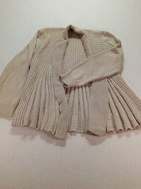 Ellie Louise Beige Open Front Cardigan Pleated Knit Sweater Size S/M Cozy Chic